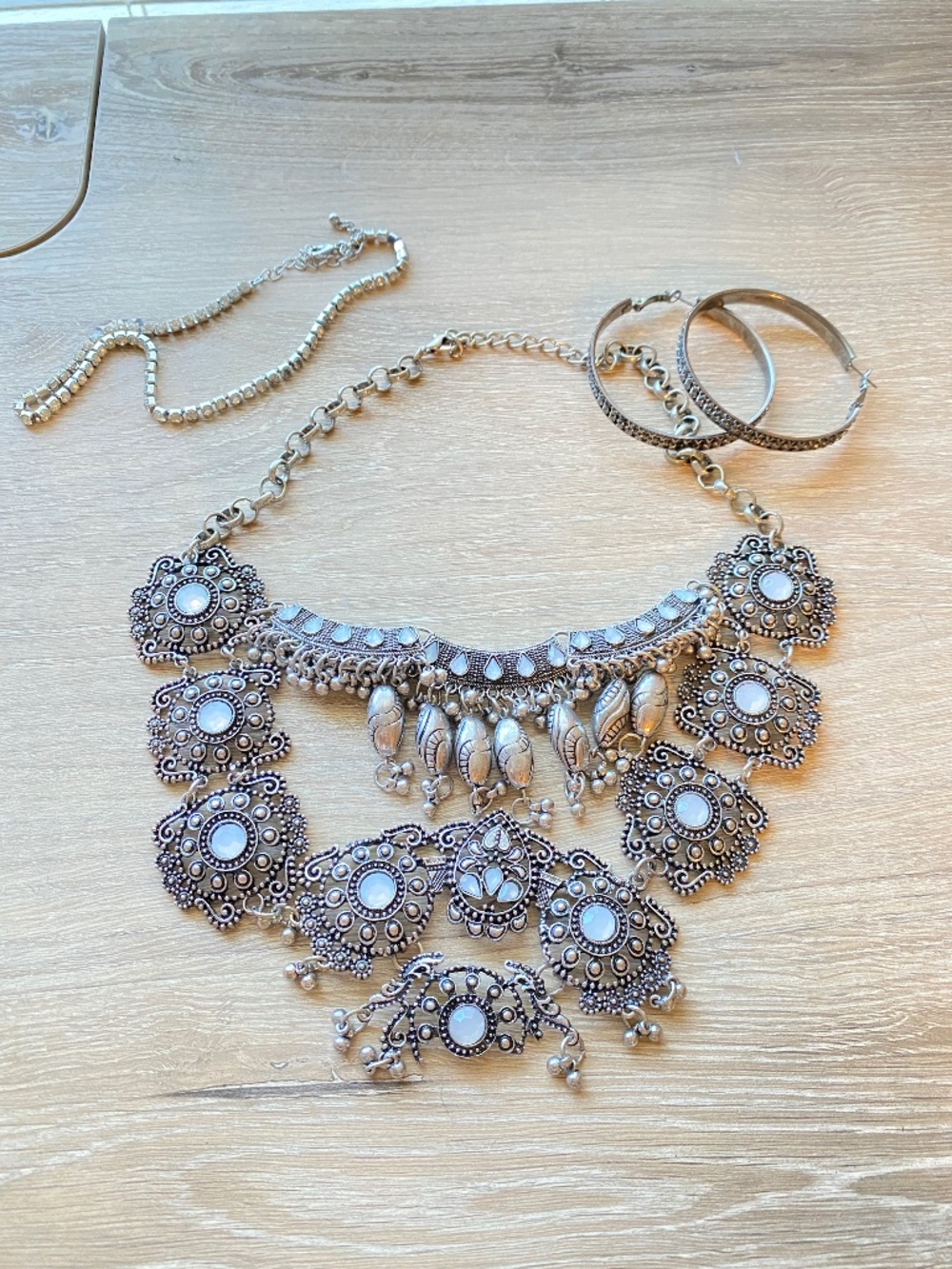 3pc Oxidized Silver Boho Statement Necklace, Bracelet, and Hoop Lot